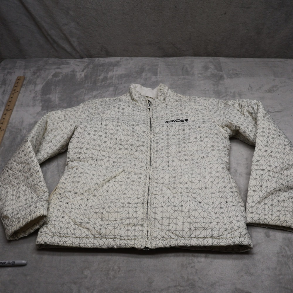 Spyder Jacket Women 8 White Geometric Full Zip Insulated Winter Wind Rain Puffer